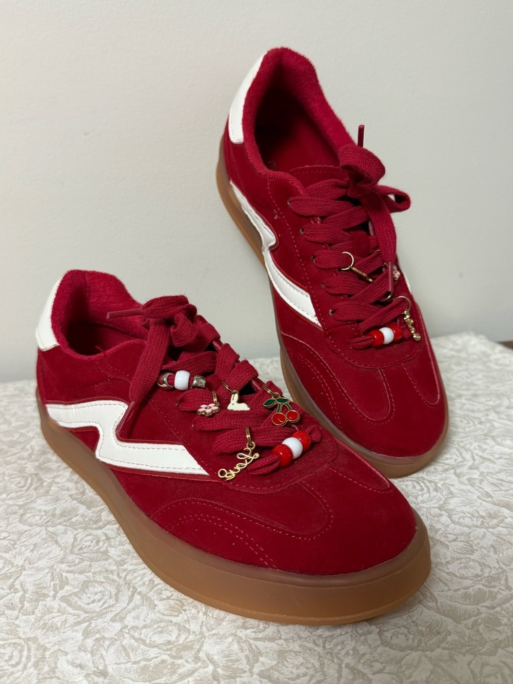 Madden Girl Giia Sneakers Red Faux Suede With Cherry Charms 7.5